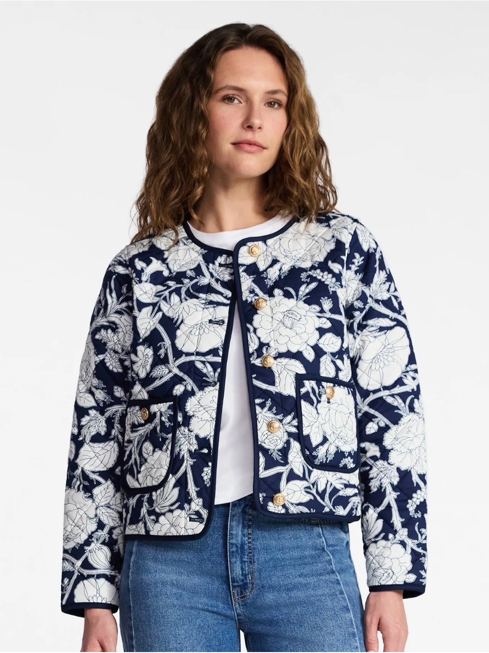 NWT Time and Tru Navy Floral Quilted jacket XS 0-2